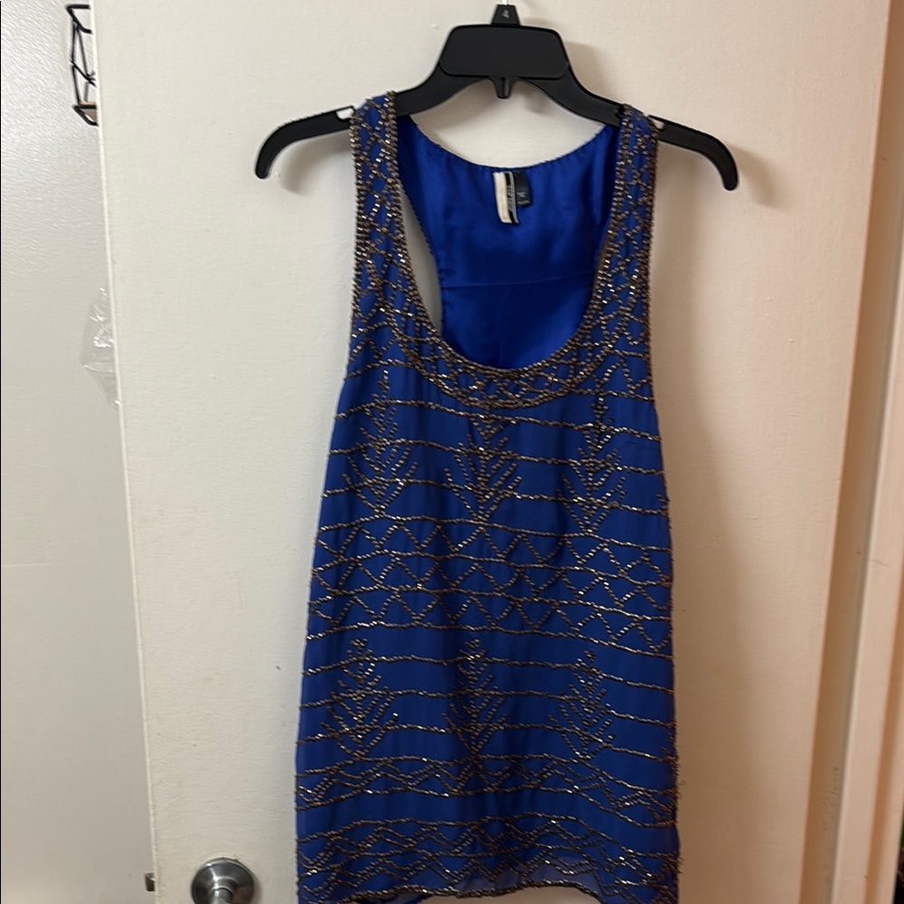 Blue and Gold Beaded Tank Top